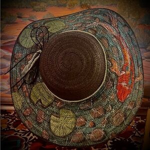 Hand painted straw hat featuring Koi and Lily pads